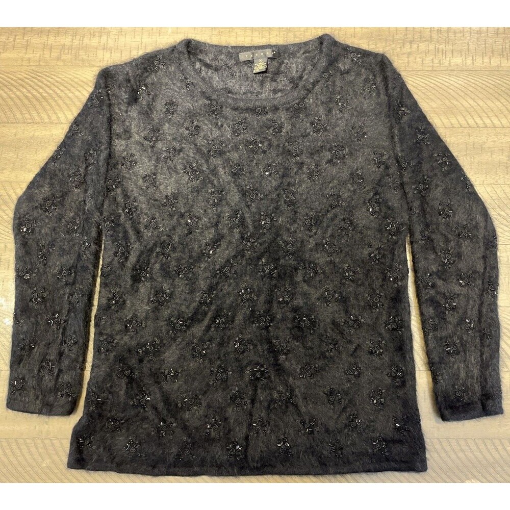 Angora Sweater Shirt Top Christmas Pullover Size Med Fuzzy Black Beaded Tesori